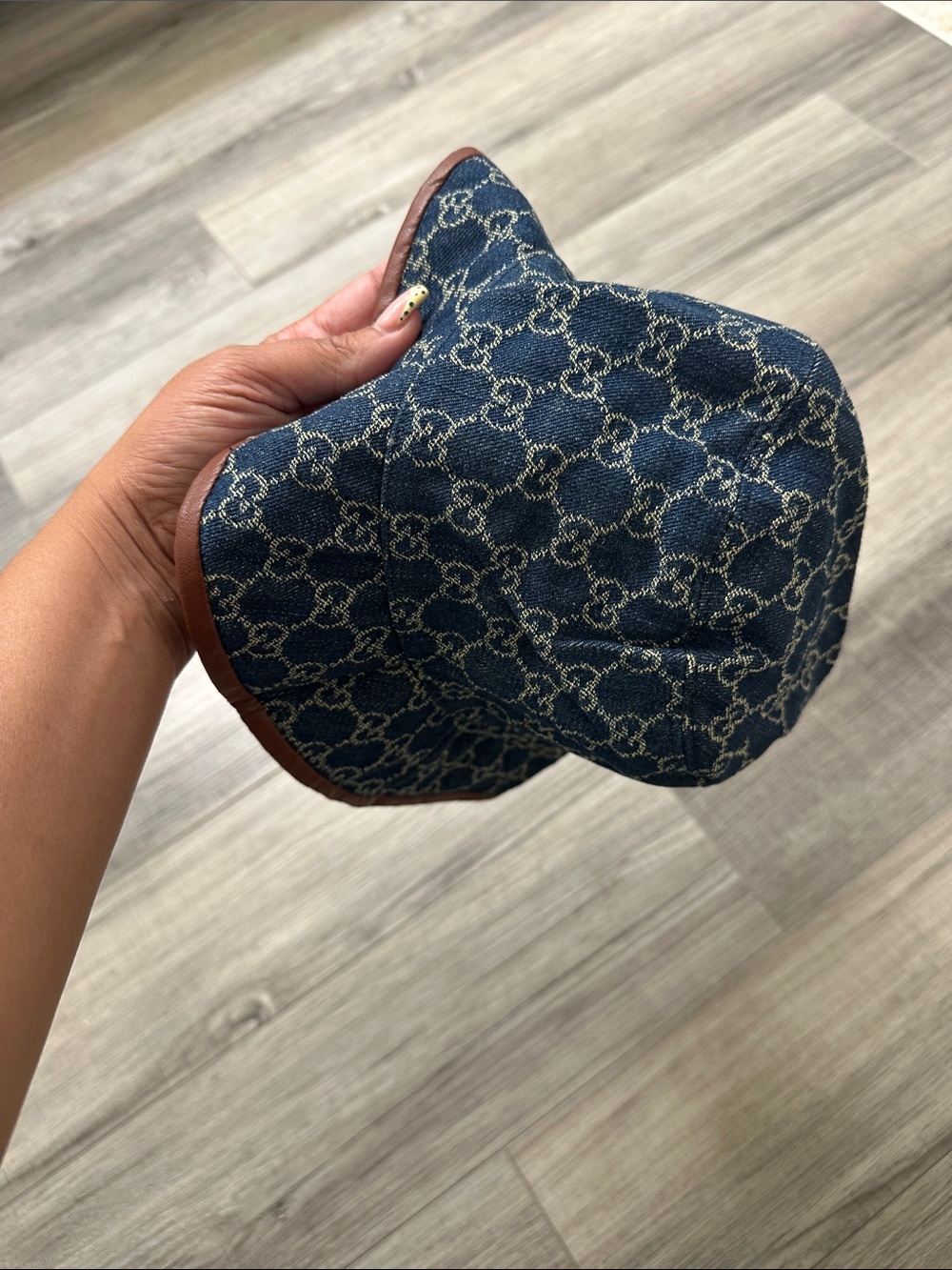 Gucci Blue Denim Monogram Bucket Hat with Brown Trim